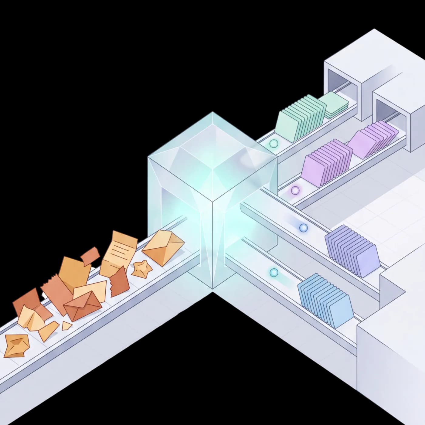 Documents flowing through an extraction pipeline and routed into structured data lanes
